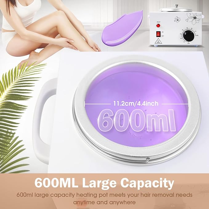600ML Single Wax Warmer Machine Wax Pot for Hair Removal, Professional Electric Wax Heater with Adjustable Temperature Set for Women Men with 20PCS Wooden Wax Sticks
