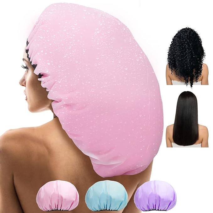 3 Pcs 16.5" Super Extra Large Shower Cap, Reusable Dual Waterproof Satin Lined XXL Adjustable Hair Cap for Braids & Long Hair, Locs Dreadlocks