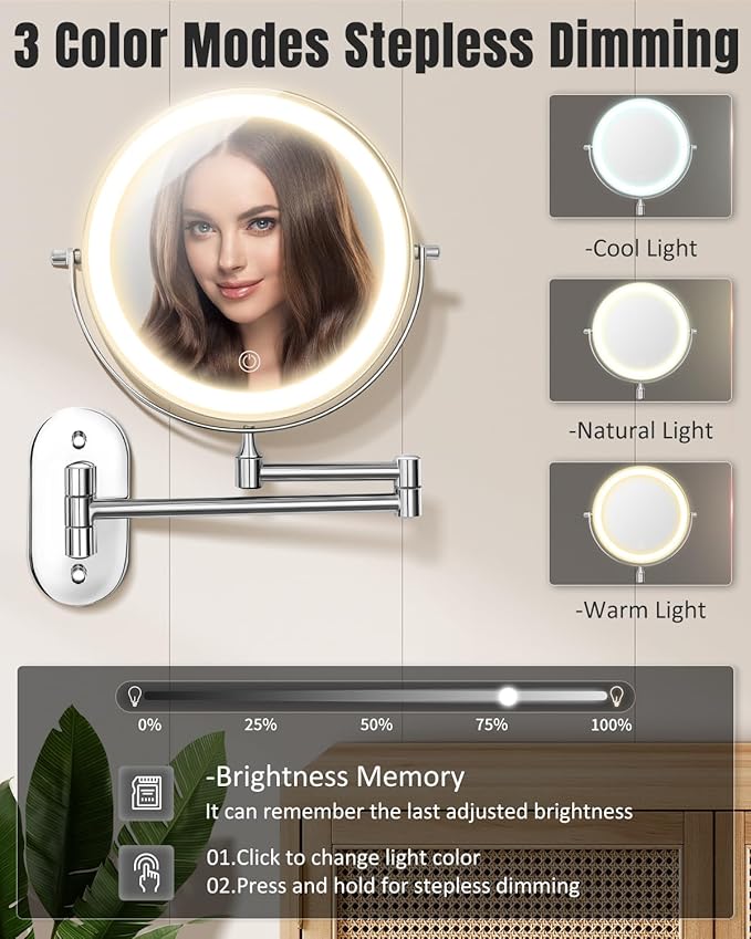 30X/1X Wall Mounted Lighted Makeup Mirror, 8'' Double Sided Rechargeable Magnifying Bathroom Mirror with Light, 3 Color Lights Touch Dimmable Extended Arm 360 Rotation Light up Mirrors