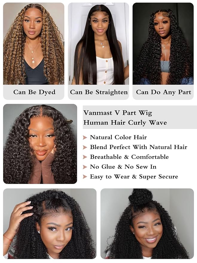 Curly V Part Wigs Brazilian Kinky Curly Human Hair Wigs for Black Women V Shape Wigs No Leave Out Lace Front Wig 180% Density Upgrade U Part Wigs Glueless Full Head Clip In Half Wigs 22 Inch