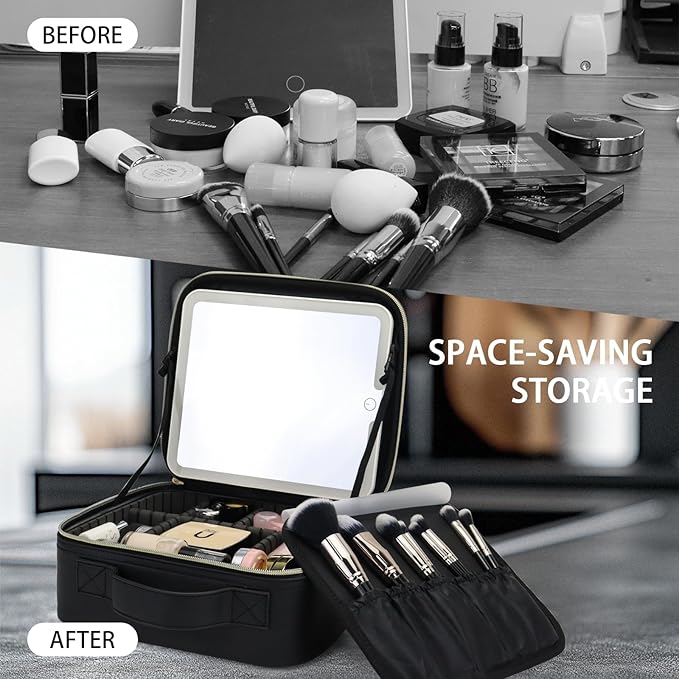 Travel Makeup Bag with LED Lighted Mirror,Cosmetics Organizer, with 3 Color Lighted Setting, Portable Storage and Adjustable Dividers Travel Makeup Bag(Black)