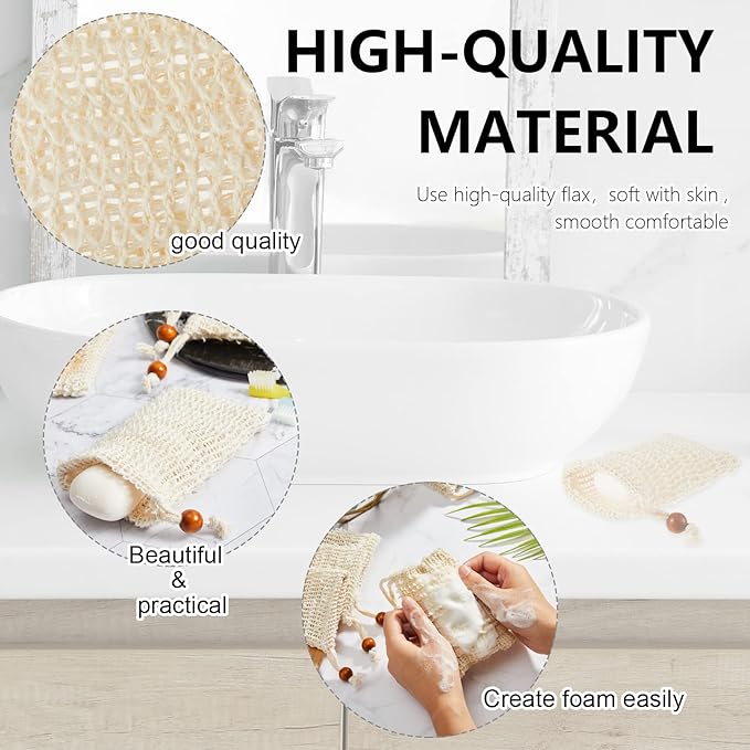 Cunhill 40 Pack Soap Saver Bag Exfoliating Sisal Soap Pouch with Drawstring Bar Wooden Bead Foaming and Drying Exfoliating Net for Bath and Shower