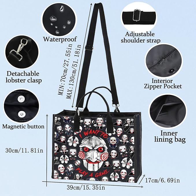 LEVLO Sadistic Thriller Tote Bag Horror Movie Fans Gift I Want To Play A GamePuzzle Horror Shoulder Bag Horror Movie Merch