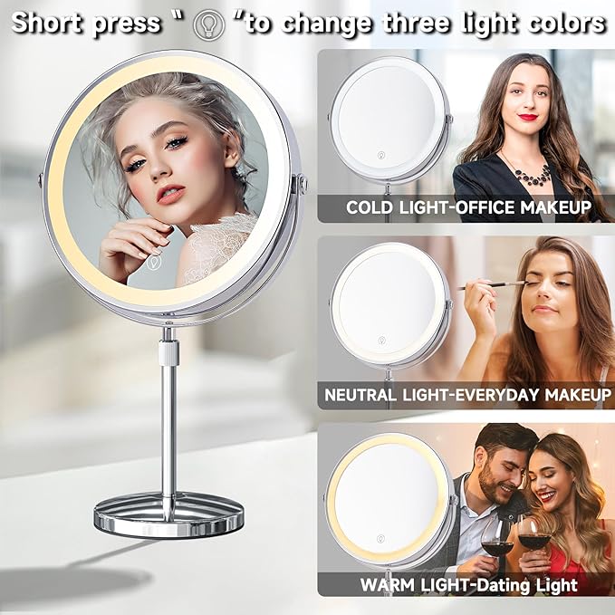 9"Lighted Makeup Mirror, Vanity Mirror with Lights,3000 mAh Rechargeable Height Adjustable,1x/10x Magnifying Mirror with 3 Color, Brightness Adjustable,360° Rotation Double Sided Mirror, Women Gift