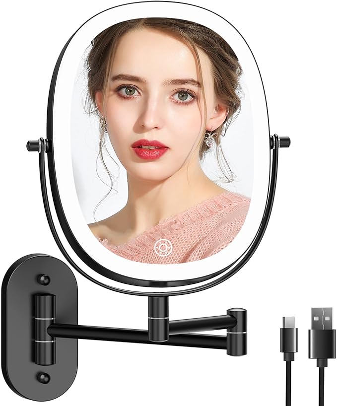 FUNTOUCH Rechargeable Wall Mounted Lighted Makeup Vanity Mirror, Double Sided 1X/7X Magnification, 3 Dimmable Light Settings, Extension Arm, Oval Frame, Ideal for Makeup