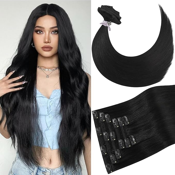 Clip in Hair Extensions 100% Real Human Hair Remy Straight Hair Extensions Clip ins for Women 20 Inch 75g Straight Natural Smooth Black Hair Extension