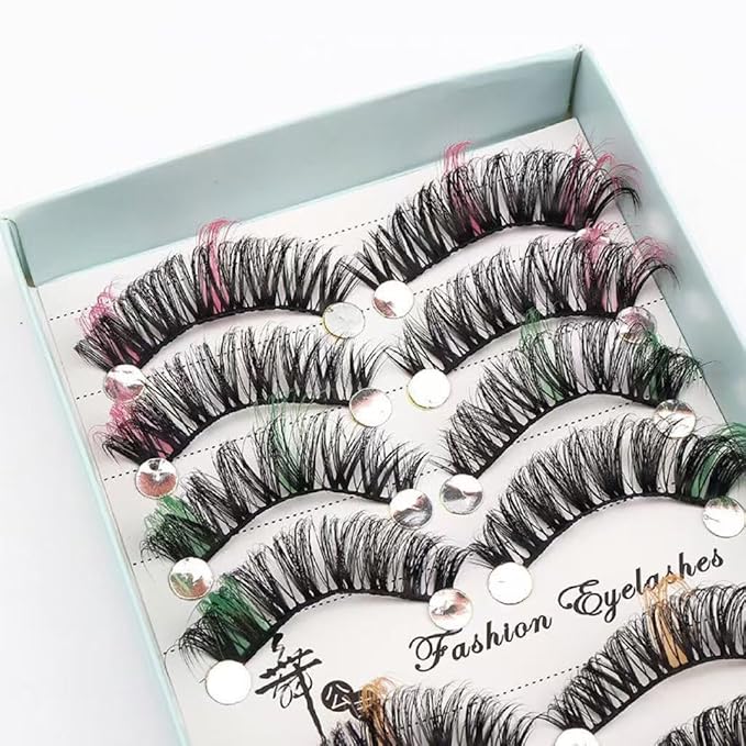Sunniess Ombre Colored Lashes Silk Protein Fluffy Wispy Volume Fake Lashes for Halloweens Cosplay Party Stage Russian D Curl Lashes with Color Make up Faux Mink False Eyelashes