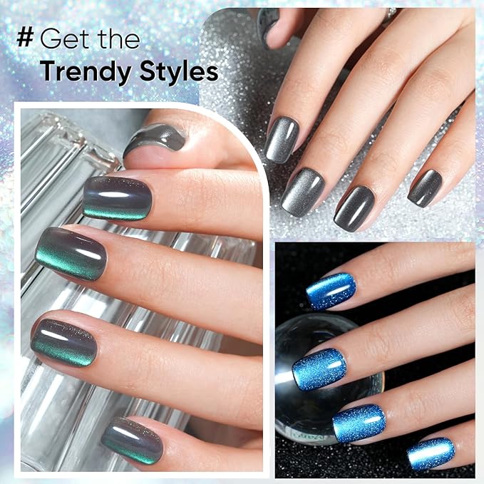Cat Eye Press on Nails Short, Jofay Fashion Salon-Like Fake Nail with Blue Laser Gray Mystic Aurora Designs, False Nails Glue on Nails Reusable Full Cover Stick on Nails for Women, 160 Pcs