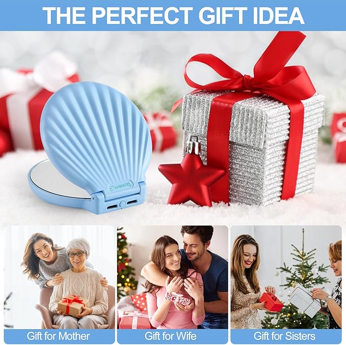 for Mom - Shell Compact Mirror Led Lighted, Magnifying Travel Mirror 10x 2X, Unbreakable Pocket Mirror for Women, Unique Mirror for Purse, Gifts for Birthday Holiday, Blue Color