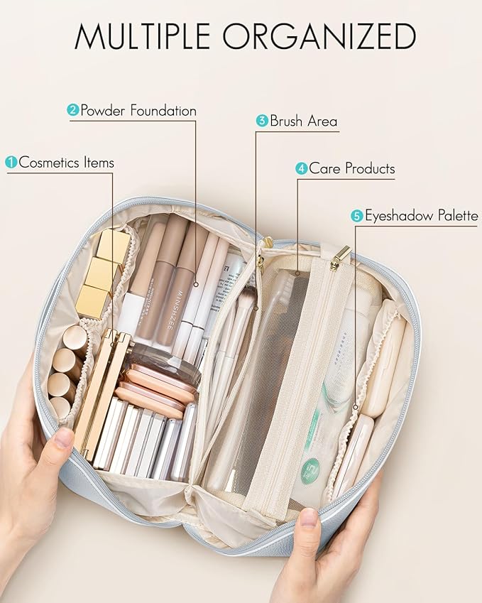 Vlando Makeup Bag,Travel Makeup Bag Waterproof Portable Cosmetic Bag PU Leather Open Flat Make up Organizer for Toiletries,Gifts for Teen Girls Women(Baby Blue)