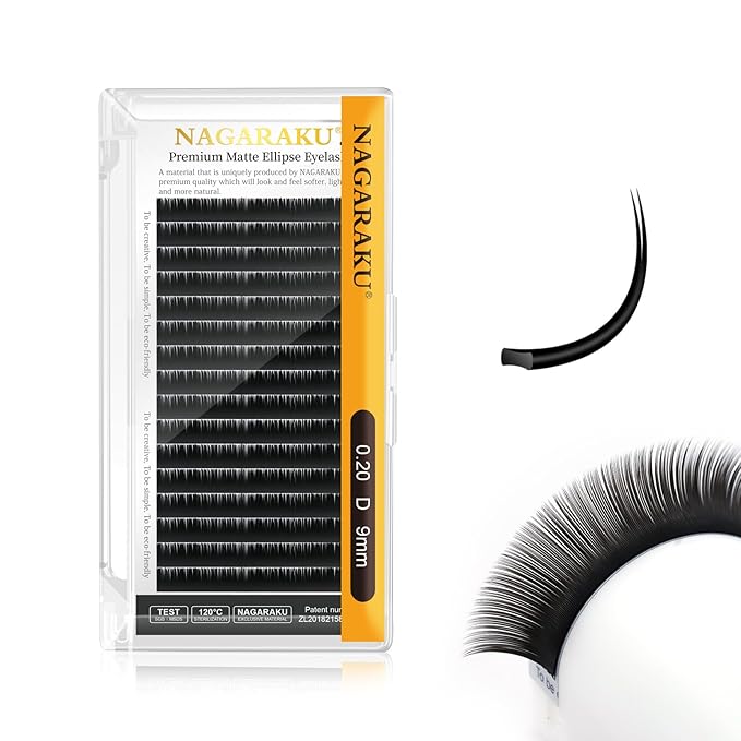 NAGARAKU Double Tips Ellipse Eyelash Extensions Lighter Thinner Flat Split Tips Individual Lash 0.20mm D curl 9mm Matte Black Faux Mink Classic False Lash Supplies 16 Rows
