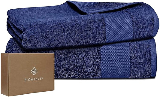 BIOWEAVES 100% Organic Cotton 700 GSM Luxury Bath Towels for Bathroom 30" x 58" GOTS Certified - Navy Blue, Pack of 2