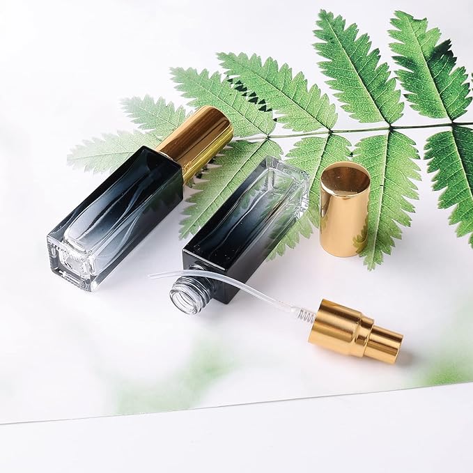 45pcs 10ml Mini Square Spray Bottle Glass Empty Spray Refillable Perfume Bottle Fine Mist Liquid Dispenser for Makeup Skin Care (Gold Cap)