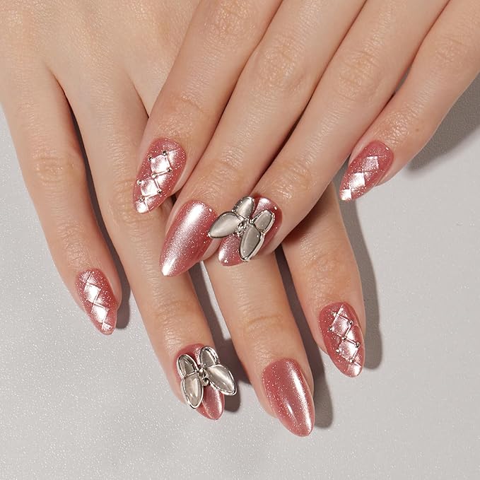 VSALON Short Almond Press-On Nails - Pink Cat Eye 3D Chrome Design, Reusable Fake Nails with Nail Glue, Protector Cuticle Oil, Easy Tabs & Mini Nail File - 32 PCS in 16 Sizes (Belle Ailes)