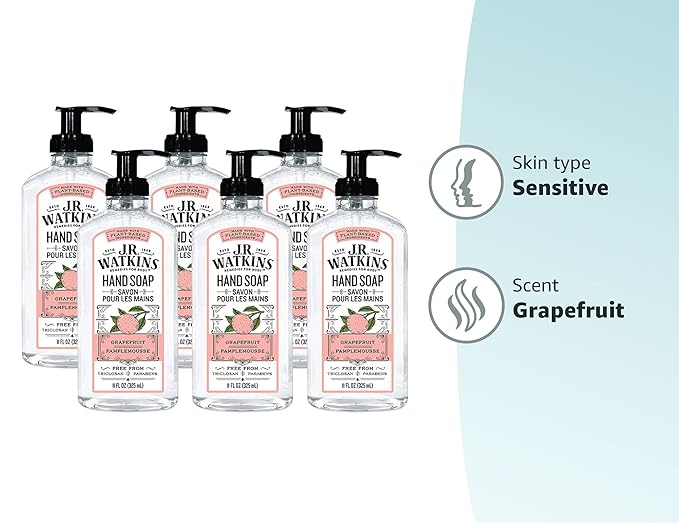 J.R. Watkins Gel Hand Soap, Scented Liquid Hand Wash for Bathroom or Kitchen, USA Made and Cruelty Free, 11 fl oz, Grapefruit, 6 Pack