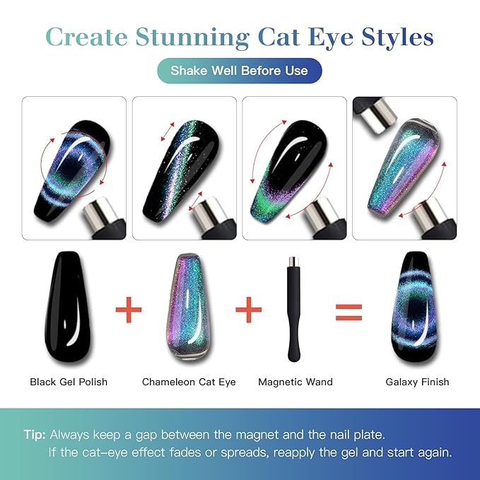 9D Cat Eye Gel Nail Polish Set, 15ml Black Gel + 15ml Sapphire Shimmer Cat Eye Gel, Includes Silicone Handle Cylinder Magnetic Stick for Mesmerizing 9D Effects