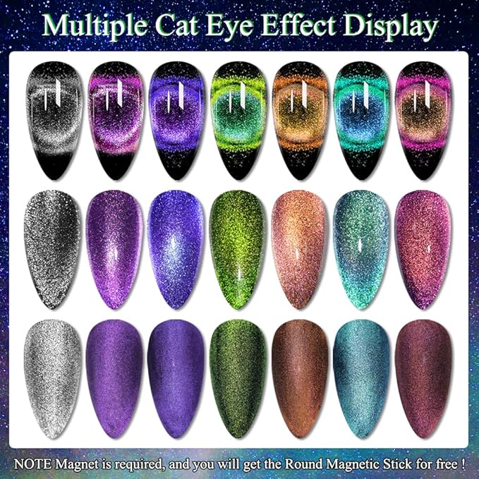 MIZHSE 2 In 1 9D Cat Eye Gel Nail Polish Kit, Upgraded Magnetic Gel Polish Set with Magnet, Shiny Chameleon Magic Galaxy Effect Soak Off Gel Nail Art Gift for Women
