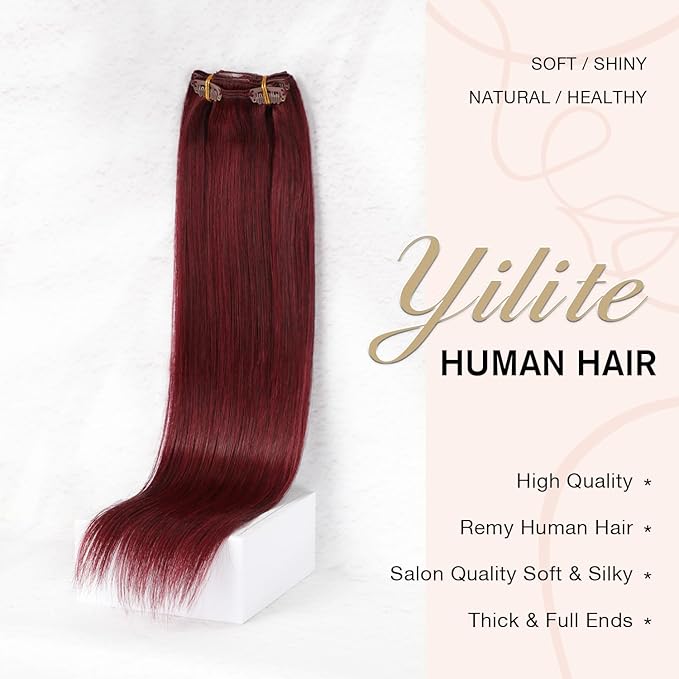 YILITE Clip In Hair Extensions Red Human Hair Extensions Clip Ins 16inch 70g 7pcs/Pack Burgundy Double Weft Silky Straight Remy Human Hair Thick Clip In Real Hair Extensions For Women