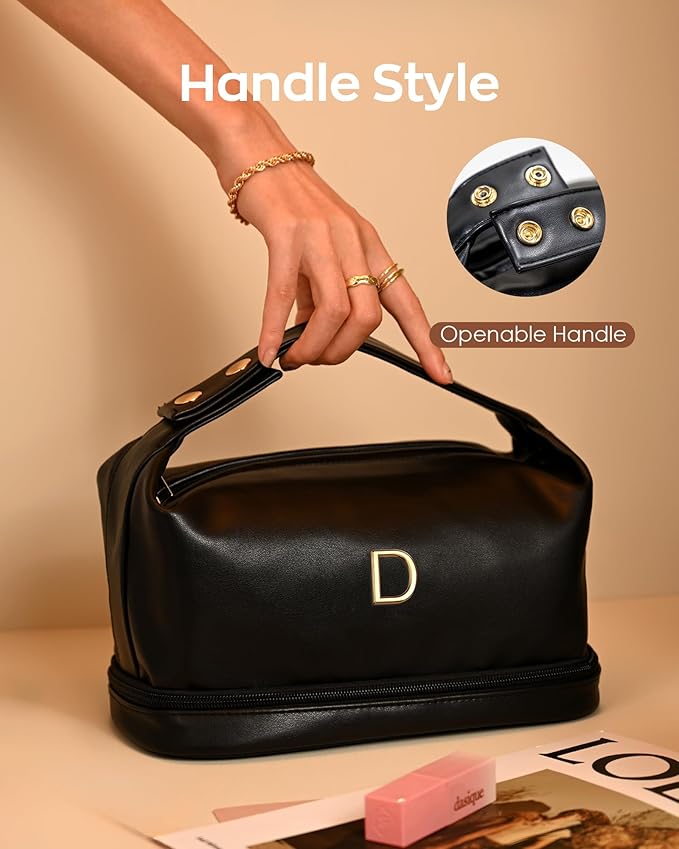Women Gifts, Personalized Makeup Bag with Handle, Initial Double Layer Cosmetic Bag with Makeup Brush Organizer, PU Leather Travel Toiletry Bag, Gifts for Friends Female Mom