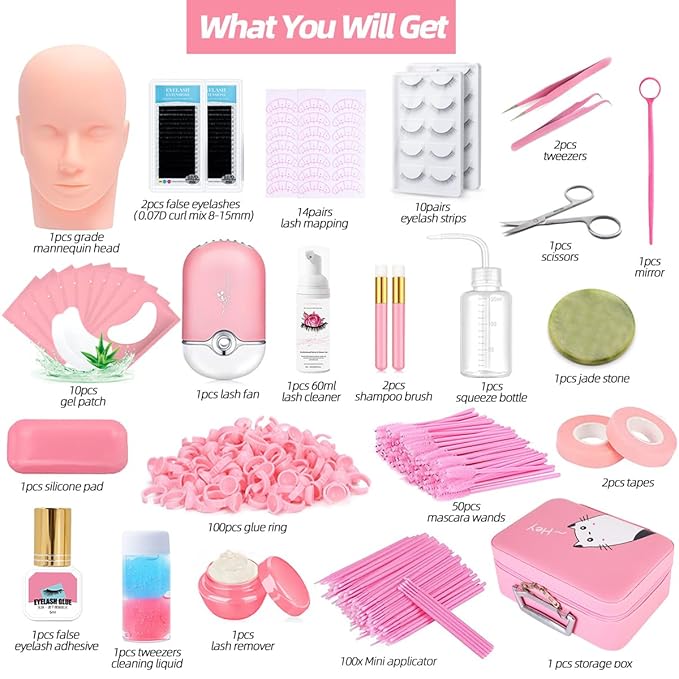 Lash Extension Kit Professional Eyelash Grafting Training Tools Mannequin Head USB Fan Lash Shampoo 0.07D Curl Mix 8-15mm Glue Practice Eyelash Strips Lash Mapping,Exercise Set for Beginner