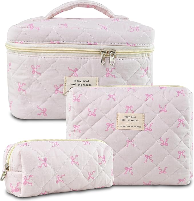 3Pcs Quilted Makeup Bag, Cute Floral Cotton Cosmetic Bag set, Coquette Bow Makeup Pouch Large Travel Toiletry Bag