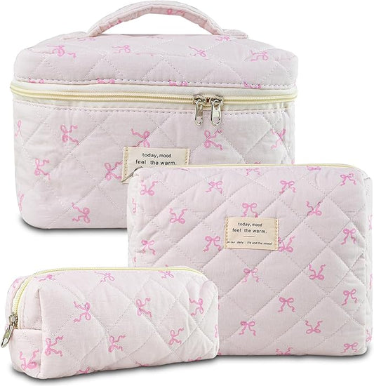 3Pcs Quilted Makeup Bag, Cute Floral Cotton Cosmetic Bag set, Coquette Bow Makeup Pouch Large Travel Toiletry Bag