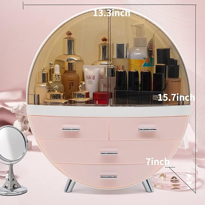 13.4''x15.7'' Makeup Organizer Large Capacity Waterproof and Dustproof Cosmetic Display Cases Desktop Beauty Storage Drawer Lipstick Skin Care Shelf (L, Pink)