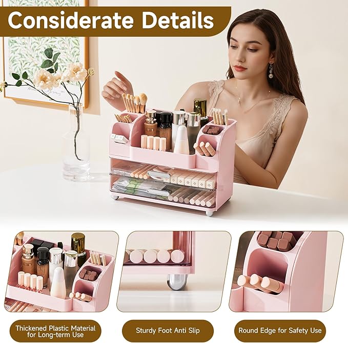 Makeup Organizer for Vanity with 2 Large Drawers, Cosmetic Display Case with Brush Holders, Easy to Storage for Bathroom Countertop Skincare, Desk Office Supplies, Pink