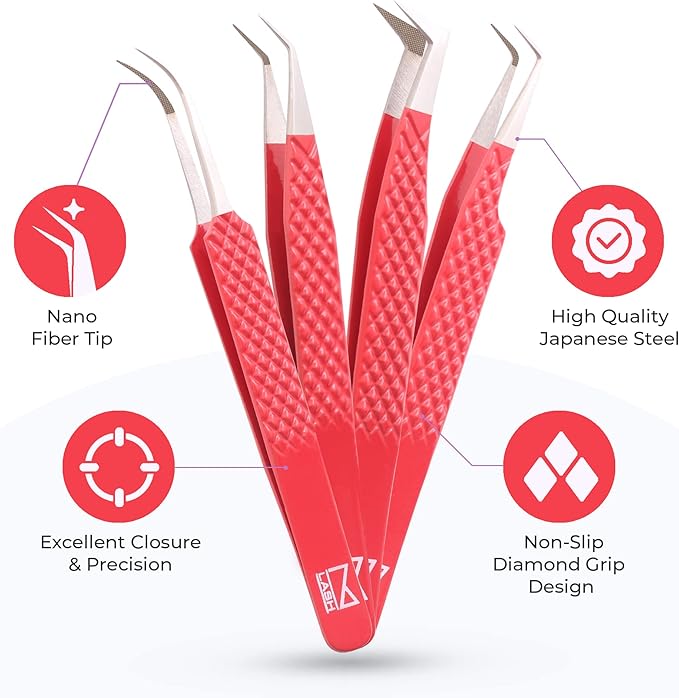 M LASH Tweezers for Eyelash Extensions (Set of 4) - Professional Lash Extension Tweezers - Fiber Tip, Japanese Steel, Diamond Grip Eyelash Extension Tweezer (Luscious Red)