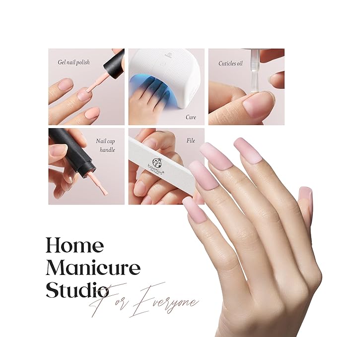 Beetles Gel Nail Polish Kit with LED Light Base & Top Coat, 6 Neutral Nude Colors, Chrome Nail Powder, 1g Glazed Silver