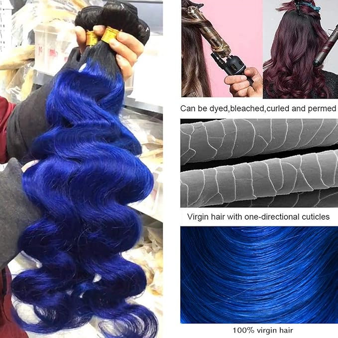 1B/Blue 3Bundles Brazilian Human Hair 182022 Ombre 1b/Blue Bundles Body Wave Human Hair Blue Bundles, 2 Tone Ombre Hair 3 Bundles Hair for Women (182022 blue)