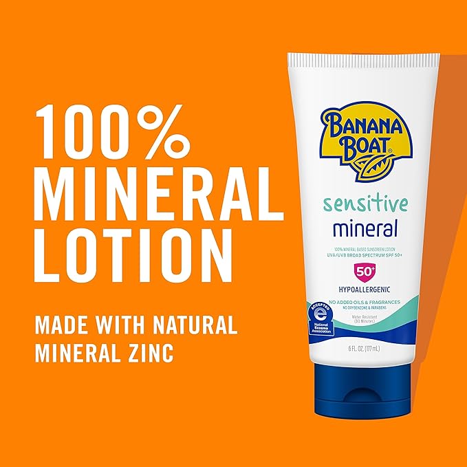 Banana Boat Sensitive 100% Mineral Sunscreen Lotion SPF 50, 6oz | Body Sunscreen, Sensitive Skin Sunblock, Oxybenzone Free Sunscreen, Banana Boat Mineral Sunscreen SPF 50, 6oz