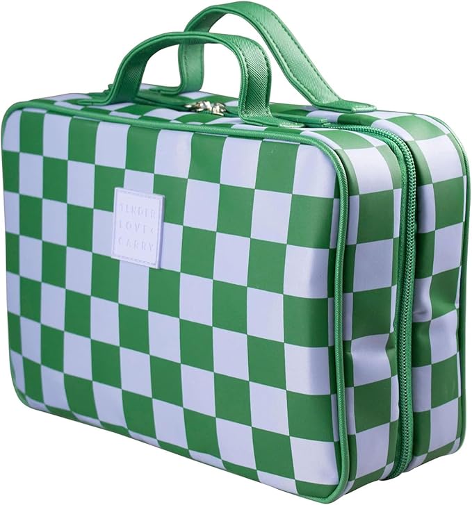 Green Gambit Checkered Hanging Travel Bag, Toiletry Bag, Makeup Bag for Women, Portable Water-resistant Small Travel Bag for Toiletries & Cosmetic Essentials