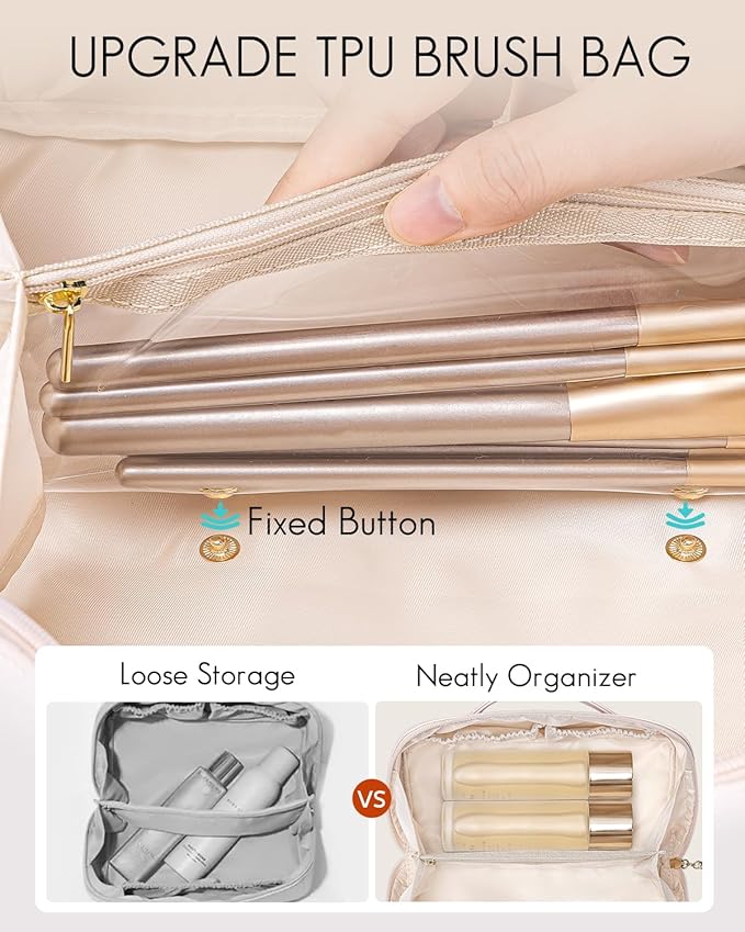 Vlando Travel Makeup Bag, Gifts for Mom Teachers,Make up Bag Travel Toiletry Bag for Women Open Flat Makeup Organizer with Divider and Handle-White