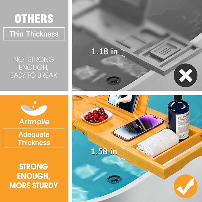 Artmalle Foldable Bathtub Tray for Tub, Bamboo Bathtub Caddy Tray Table with Book Stand for Luxury Bath, Bathroom Accessories for Women Men with Free Soap Dish (Semi-Simple, Natural) (Natural)