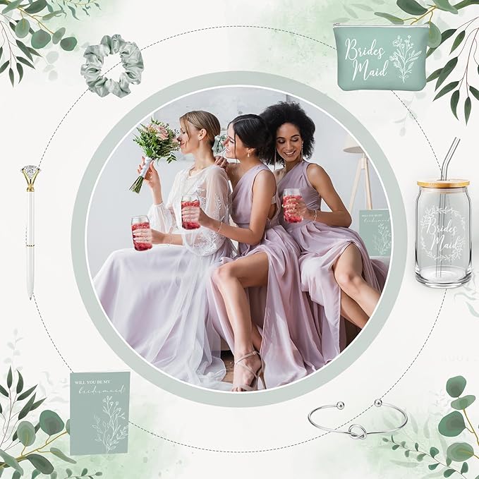 Irenare 36 Pcs Bridesmaid Proposal Gifts Bridal Shower Gifts 16 oz Glass Cup Cosmetic Makeup Bags Invited Cards Scrunchies Hair Knotted Bracelets Diamond Pens Favors for Wedding (Green)