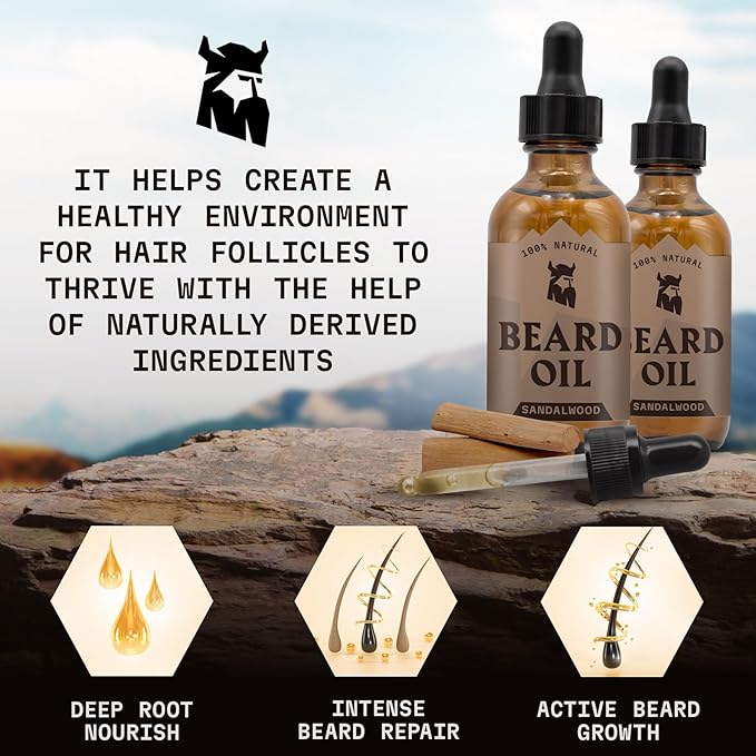 Striking Viking Beard Oil for Men - 2 Fl Oz, 2 Pack, Sandalwood Scent - Naturally Derived Conditioner with Almond, Tea Tree, Argan & Jojoba Oil for Beard Growth, Softening & Moisturizing