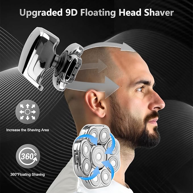 9D Head Shaver for Bald Men, 5-in-1 Electric Razor for Men with Nose Hair Trimmer, Cordless Rechargeable & Waterproof Bald Head Shavers for Wet/Dry with Large Battery, LED Display