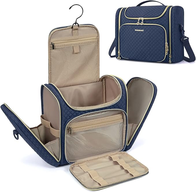 BAGSMART Travel Toiletry Bag, Toiletry Bag for Women, Water-resistant Cosmetic Makeup Bag, Large Capacity Travel Organizer for Full Sized Toiletries and Cosmetics, Navy Blue