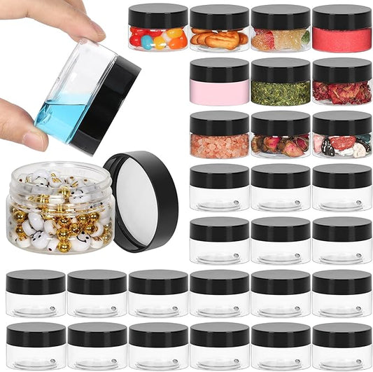 1oz Plastic Containers with Black Screw Lids - Clear Refillable Cosmetic Containers for Liquid and Solid Products (28Pack)