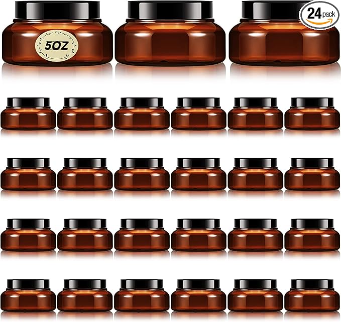 Tessco 24 Pack Plastic Jars with Lids Labels Empty Clear Plastic Jars Round Refillable Cosmetic Containers Body Butter Containers Bulk Sugar Scrub Bottle for Make Up(5 oz,Brown)