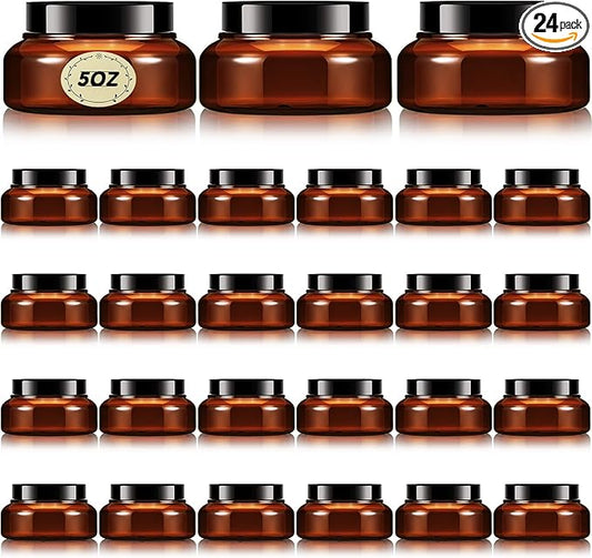 Tessco 24 Pack Plastic Jars with Lids Labels Empty Clear Plastic Jars Round Refillable Cosmetic Containers Body Butter Containers Bulk Sugar Scrub Bottle for Make Up(5 oz,Brown)