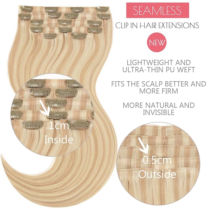 Loxxy Seamless Extensions Clip in Human Hair 16inch Seamless Clip in Hair Extensions Real Human Hair Pu Weft Blonde Hair Clip Extensions for Women Golden Brown Mixed Platinum Blonde 12/60A 110g 7pcs
