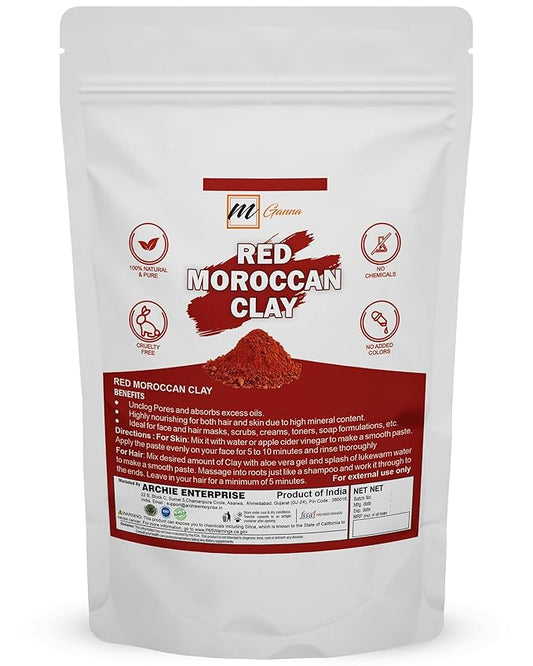 100% Natural Moroccan Red Clay Powder for Hair Masks, Scrubs, Creams and Soap Making 1 LBS / 454 GMS