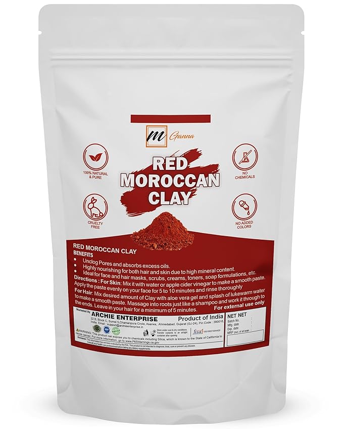 100% Natural Moroccan Red Clay Powder (2 Pound) for Hair Masks, Scrubs, Creams and Soap Making 2 LBS / 908 GMS