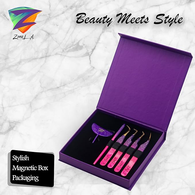 Nano Fiber Tip Professional Eyelash Extension Tweezers, a pack of 4, Quality tweezers made with Japanese Stainless Steel, includes Stylish Half Moon Mirror. (Multi-Color)