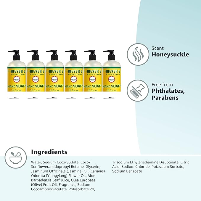 MRS. MEYER'S CLEAN DAY Hand Soap, Made with Essential Oils, Biodegradable Formula, Honeysuckle, 12.5 fl. oz - Pack of 6