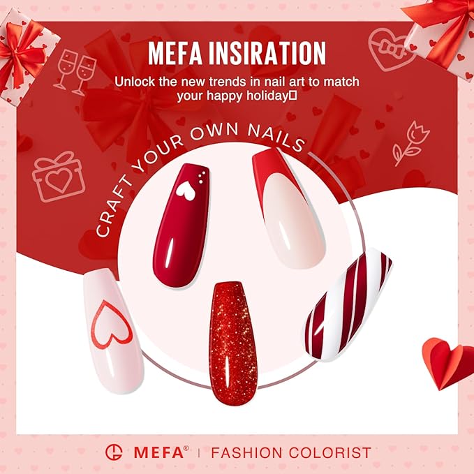 MEFA 6 Colors Red Gel Nail Polish Set, Glitter Shades Sparkle Silver Champagne Love Times Tones Salon Decorations Nail Art Design at Home Manicure DIY Kit Gifts for Women Girl