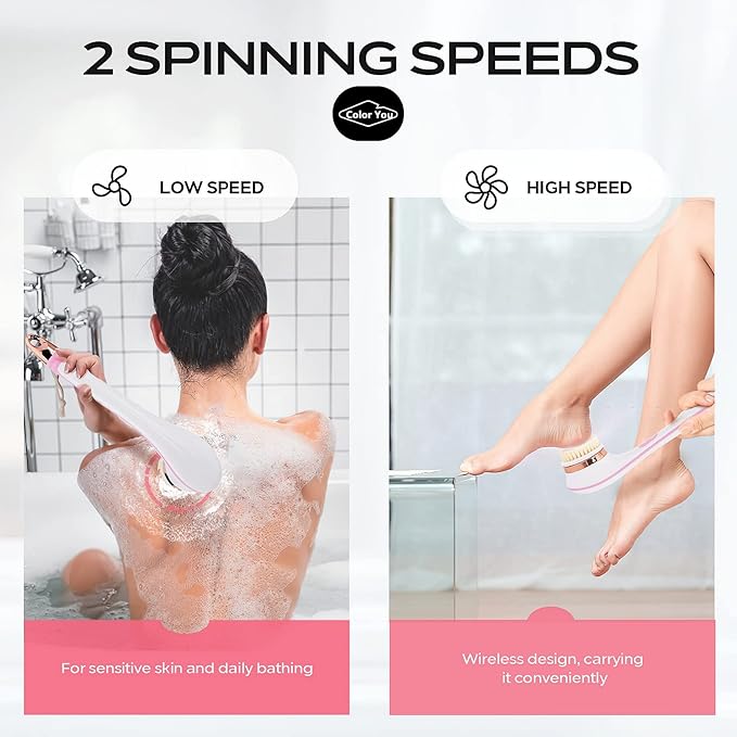 Color You Electric Body Brush for Exfoliating and Massage, Long Handle Electric Bath Brush Rechargeable Body Scrubber, Soft Silicone Spinning Skin Brush with 4 Spin Brush Heads for Man and Women