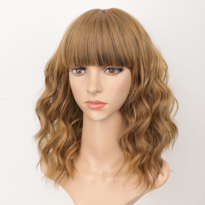 AISI HAIR Synthetic Curly Bob Wig with Bangs Natural Brown with Honey Blonde Highlight Ombre Short Wavy for Women Natural Looking Heat Resistant Bob Wigs